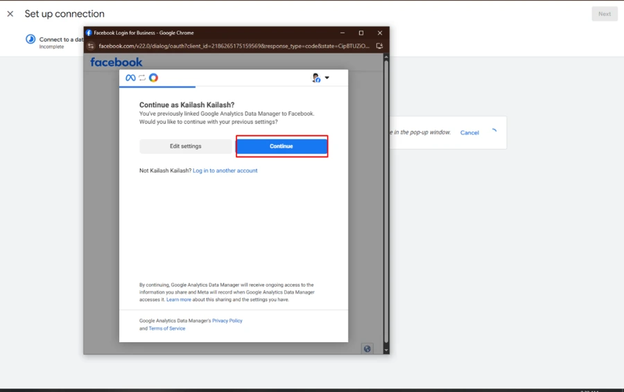 Step 6 showing how to click Connect and log in to the Meta account to link Meta Ads with Google Analytics. Step 6 showing how to click Connect and log in to the Meta account to link Meta Ads with Google Analytics.